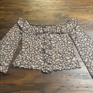 New York & Company Floral Ruffle On/Off Shoulder Mesh Blouse, Black and Cream